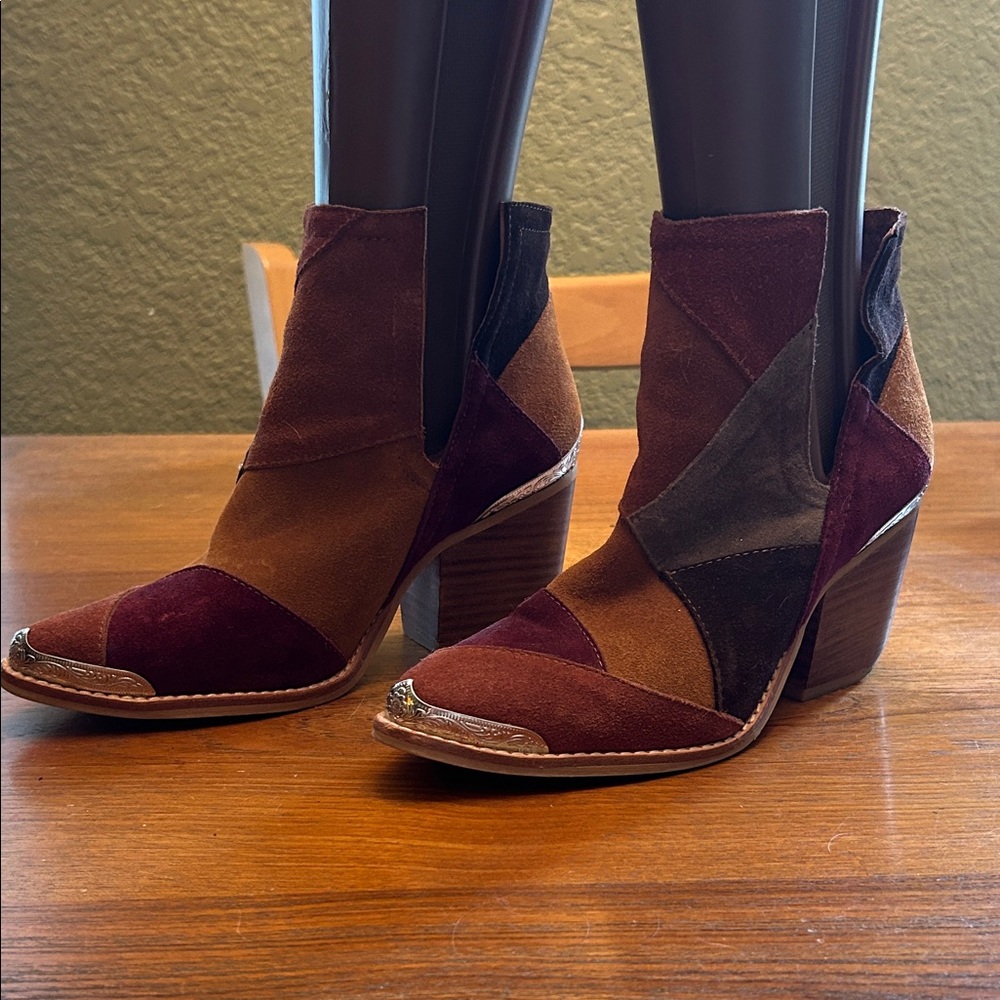 Suede Patchwork Ankle Boots in Burgundy and Brown - Women's